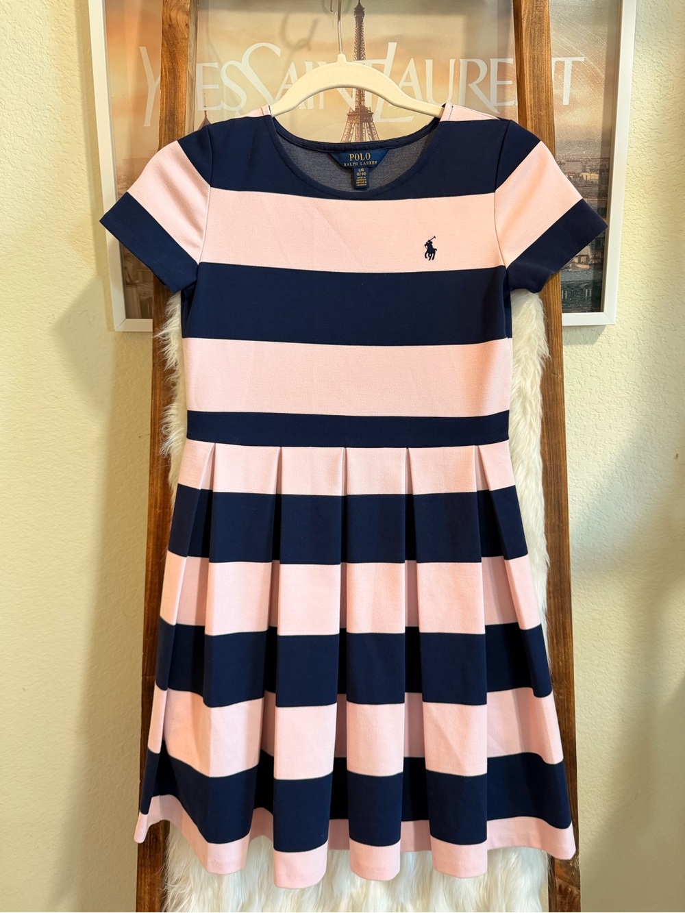 Polo by Ralph Lauren Navy and Pink Striped Pleated Knit Dress